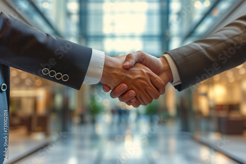 Two business professionals in a lobby of a corporate building, shaking hands firmly, symbolizing a successful partnership agreement, with the company logo in the background 