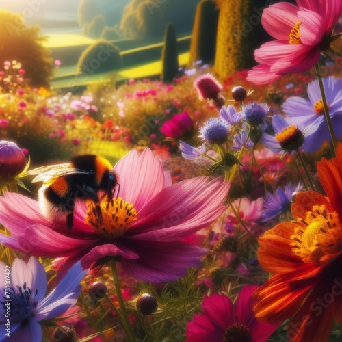 A Bumble bee gathers pollen from vibrant flowers in a scenic garden landscape, showcasing the intricate beauty of nature's interconnected processes.