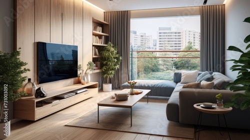 Modern apartments living room with TV, near potted plants, features cozy sofas, wooden table against window. photo