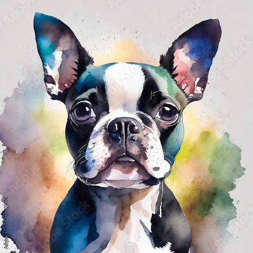 Watercolor illustration of pure breed Boston Terrier dog. Colorful hand drawn pet photo