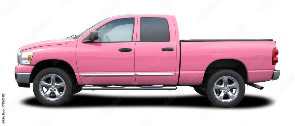 Modern powerful American pink pickup truck, side view in png format.