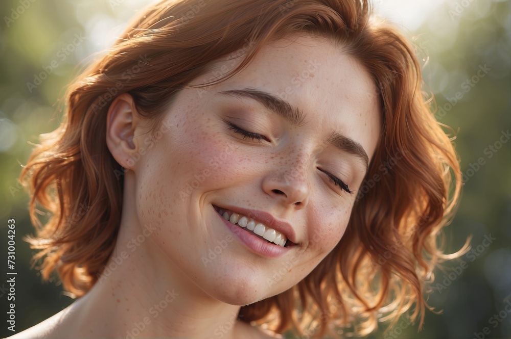 Happy woman with freckles closed eyes and reddish hair outside Happy woman with freckles closed eyes and reddish hair outside