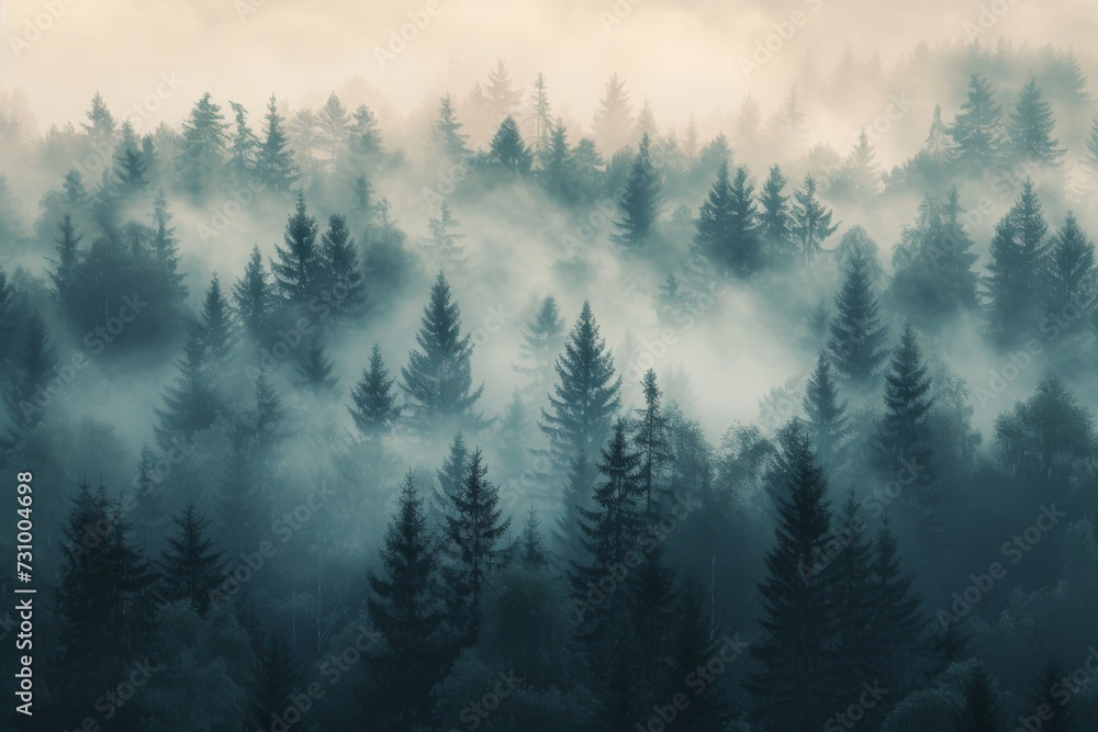 Misty forest at dawn, trees fading into fog, ethereal landscape