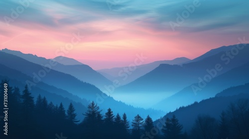 Misty mountain valley at dawn background