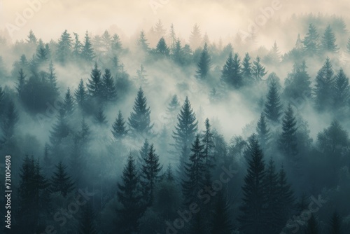 Misty forest at dawn, trees fading into fog, ethereal landscape
