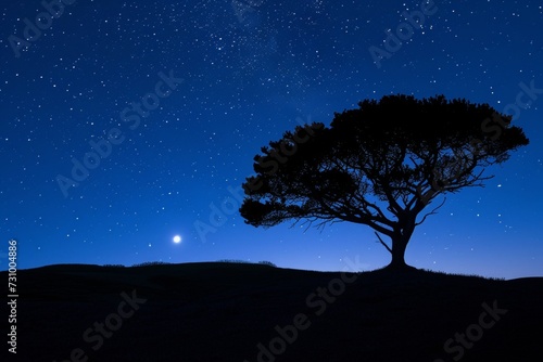 Moonlit night sky, with a silhouette of a lone tree against the stars.
