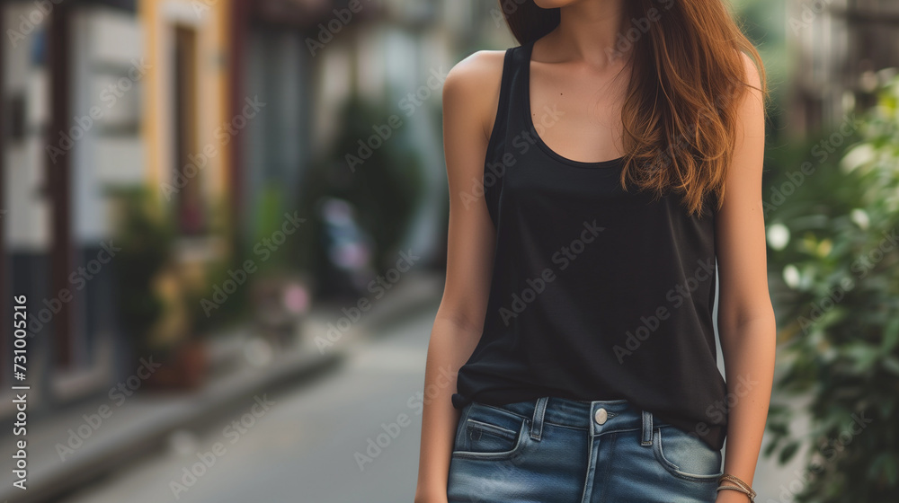 Attractive young woman wearing blank empty black tank top mockup for design template in the city street Attractive young woman wearing blank empty black tank top mockup for design template in the city street