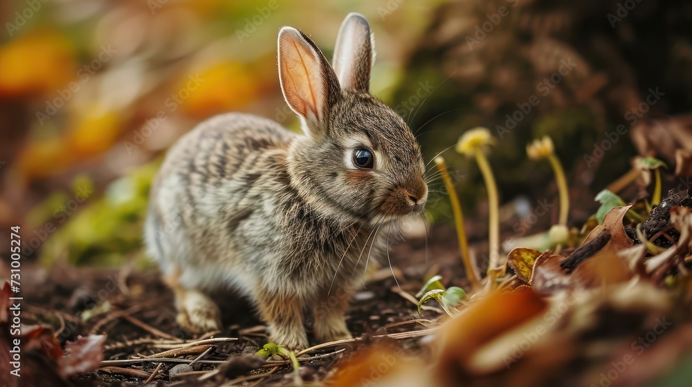 Fototapeta premium Dynamic composition featuring miniature rabbits exploring a scaled-down garden, highlighting their fluffy fur and adorable hopping gestures