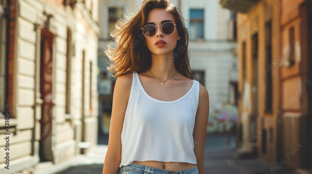 Attractive young woman wearing blank empty white tank top mockup for design template in the city street