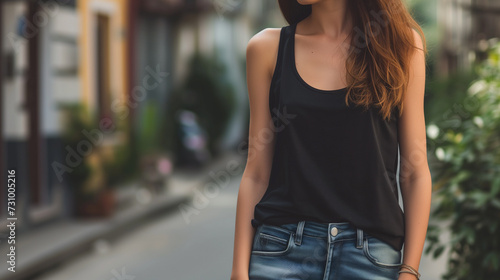 Attractive young woman wearing blank empty black tank top mockup for design template in the city street