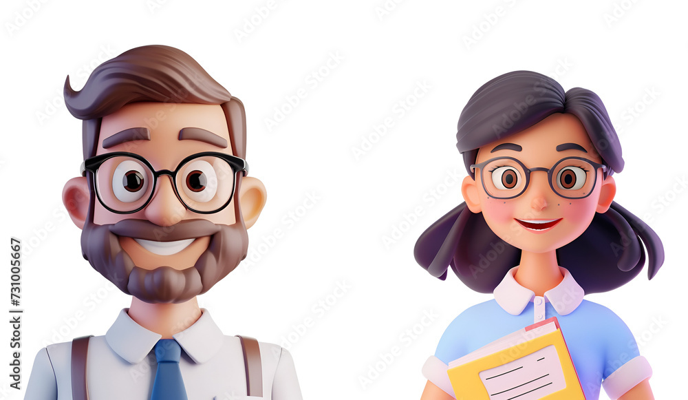 Man and Woman as Teacher Set: Close-Up Portrait of Education Professionals, Simple 3D Cartoon Illustration, Rendered Character, Isolated on Transparent Background, PNG Man and Woman as Teacher Set: Close-Up Portrait of Education Professionals, Simple 3D Cartoon Illustration, Rendered Character, Isolated on Transparent Background, PNG