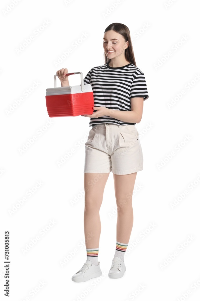 Happy young woman with plastic cool box isolated on white Happy young woman with plastic cool box isolated on white