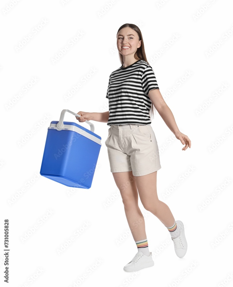 Happy young woman with plastic cool box isolated on white Happy young woman with plastic cool box isolated on white