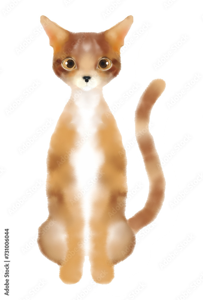 座る茶色い縞模様のネコ　正面全身像　手描きイラスト