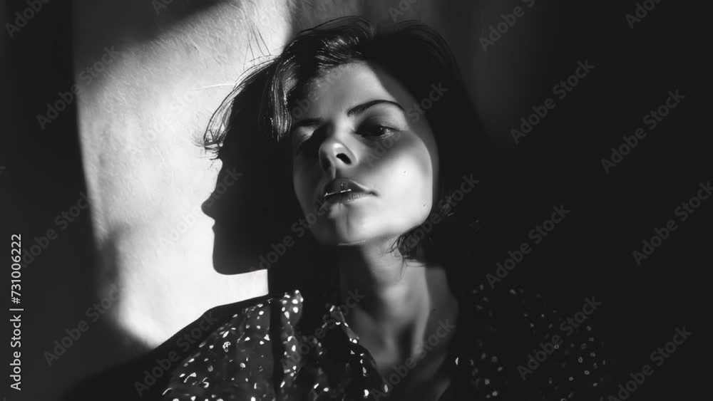 A close-up of a woman's face using monochrome shadows and light. Her expression is contemplative, with soft light accentuating the contours of her distinctive face.
A close-up of a woman's face using monochrome shadows and light. Her expression is contemplative, with soft light accentuating the contours of her distinctive face.
