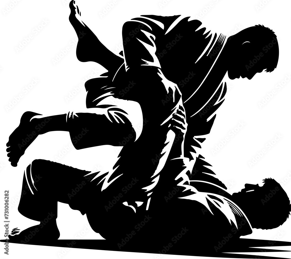 Vector silhouette of jiujitsu martial artists engaged in ground