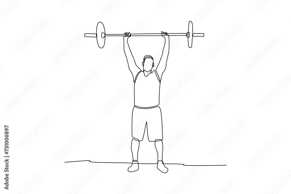Single continuous line drawing of young men lift iron to train their muscles. Fitness stretching concept. Trendy one line draw design vector illustration
