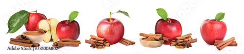 Aromatic cinnamon sticks, powder and red apples isolated on white, set