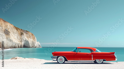 A fancy red car parked along beautiful broad beach under blue clear sky, with copy space, travel concept landscape scene