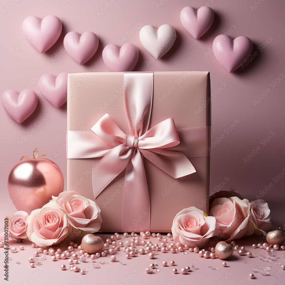 present packed in pink giftwrapping with bow and hearts in the background present packed in pink giftwrapping with bow and hearts in the background