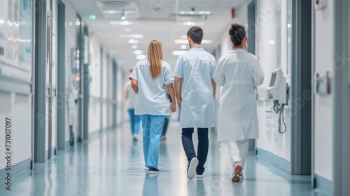 Medical Professionals Walking Through Hospital Corridor