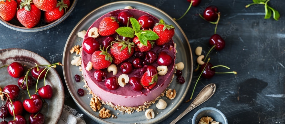 Top view of a healthy vegan dessert: Raw berry cashew cake with fresh strawberries, cherries, and nuts on a plate. Top view of a healthy vegan dessert: Raw berry cashew cake with fresh strawberries, cherries, and nuts on a plate.