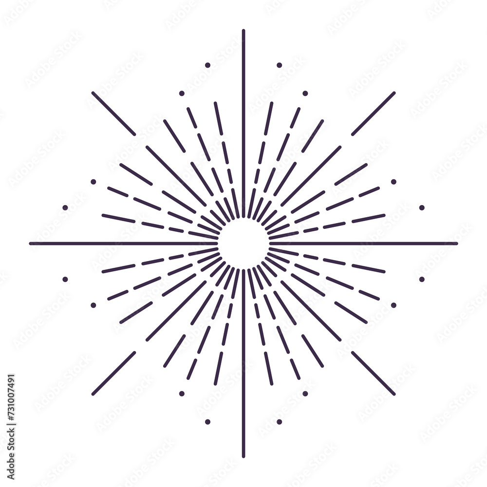 Obraz premium Sunburst firework explosion, bursting or light rays, linear drawing. trendy hand drawn retro isolated design element