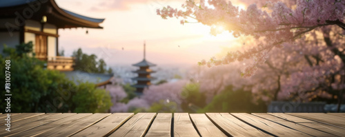 Japanese house interior with view window bright Beautiful scenery  a curled empty white wooden table with Japan Beautiful view of Japanese pagoda and old house in Kyoto  Japan  spring cherry blossoms