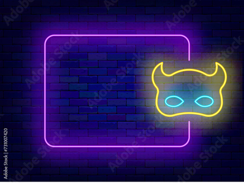 Sex shop neon flyer. Empty purple frame with devil mas for sex games. Masquerade party and festival. Vector illustration