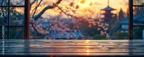 Japanese house interior with view window bright Beautiful scenery  a curled empty white wooden table with Japan Beautiful view of Japanese pagoda and old house in Kyoto  Japan  spring cherry blossoms