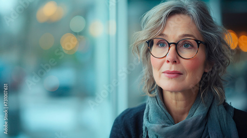Retrato de una mujer mayor, rubia con pelo canoso y gafas sobre un fondo desenfocado photo