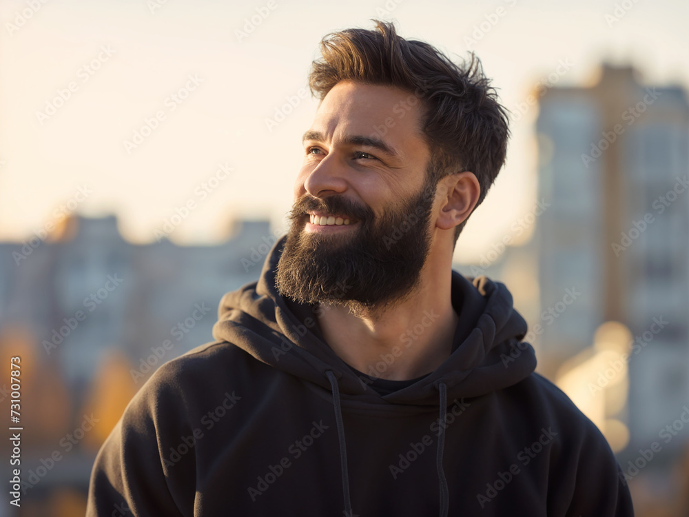 A bearded smiling hipster guy in his 30s, in a black hoodie, city background autumn / fall season 