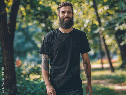 Black short sleeves T-shirt mockup on a bearded hipster guy in his 30s, park and nature background summer