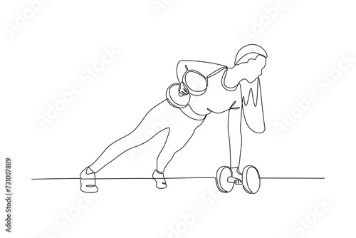 Single continuous line drawing of woman training muscles. Fitness stretching concept. Trendy one line draw design vector illustration