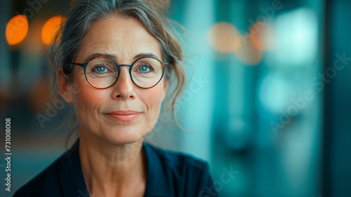 Retrato de una mujer mayor, rubia con pelo canoso y gafas sobre un fondo desenfocado photo