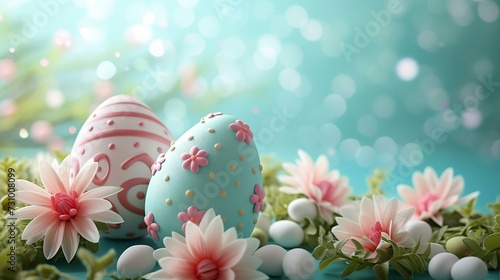 Illustration with Easter eggs decorated with flowers. Volumetric model. Holiday greeting card. Generated ai.