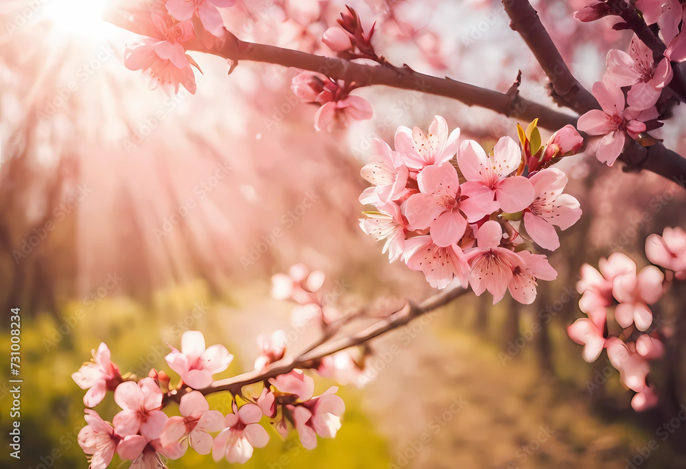 Obraz premium Background art with pink dice. Beautiful natural scenery blooming and sun glow