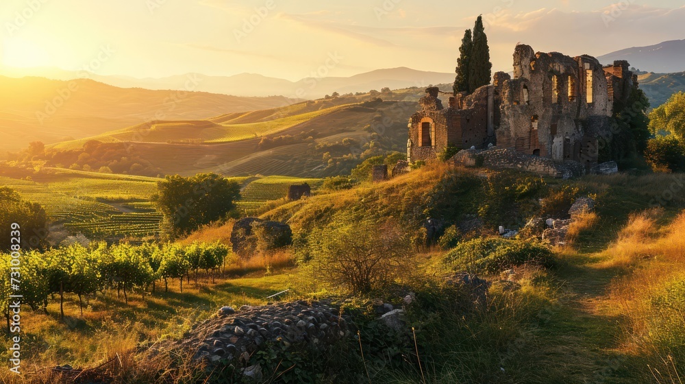 Evoke the grandeur of an Ancient countryside landscape at sunset, showcasing rolling hills, vineyards, and remnants of ancient architecture