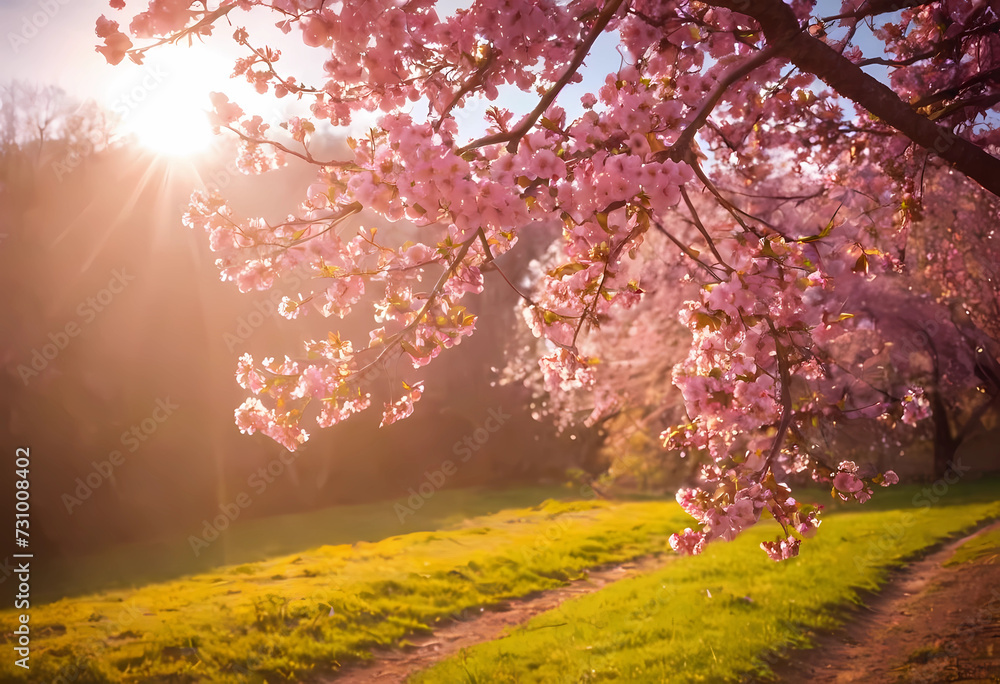 Naklejka premium Background art with pink dice. Beautiful natural scenery blooming and sun glow