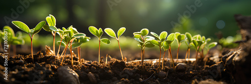 Close-up photo of seedlings at surface level represent new beginnings, life force, abundance and sustainability. It can be used in advertising, communication, education or decoration up to creativity. © Chanawat