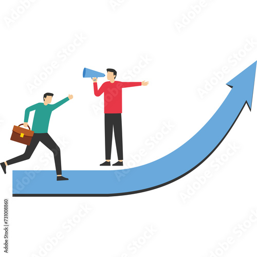 Business guide to move towards true success, helping or instructing concept, leadership to tell the way of solutions, support, businessman with megaphone telling colleagues to walk on the right path.