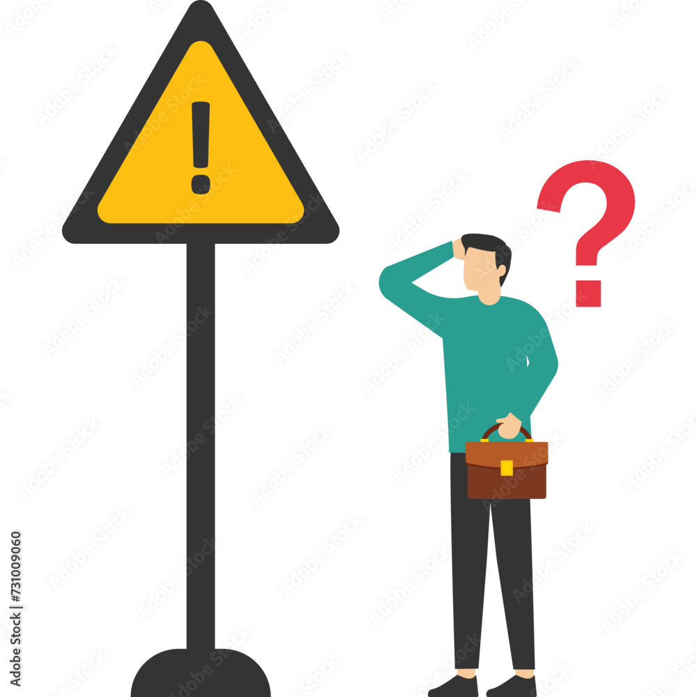Worries or doubts to make a decision, mistrust or problems, worries or challenges ahead, worries about problems or problems, businessman holding exclamation mark with concern for solving problems. Worries or doubts to make a decision, mistrust or problems, worries or challenges ahead, worries about problems or problems, businessman holding exclamation mark with concern for solving problems.