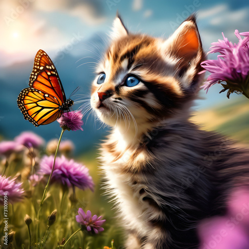 Illustration chaton rencontrant son premier papillon