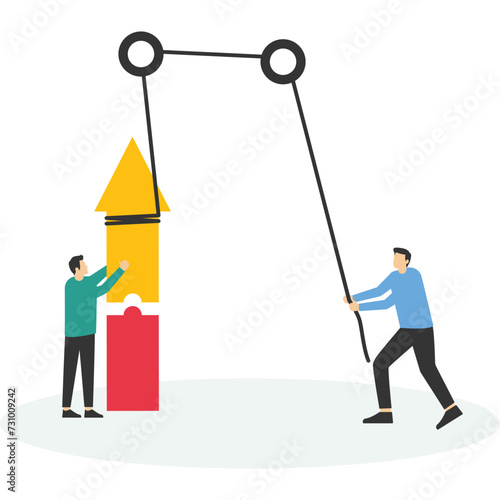 Build your team, help or assist, work together or collaborate for success, lead to developing teamwork or business partners, giant businessman hand linking jigsaw puzzle with office business team.