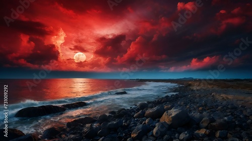 dramatic natural sky round moon on the sea red clouds