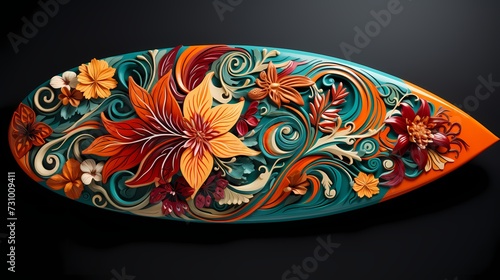 Top view of a custom surfboard mockup with vibrant artwork on a solid background