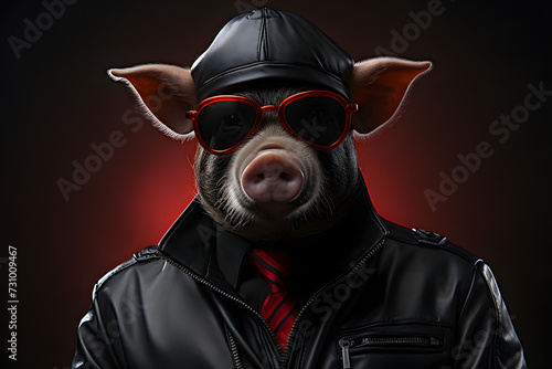 Black Pig in Stylish Attire Points to Uncertainty in the Stock Market - Ample Space for Marketing Content on a Dynamic Red Background
