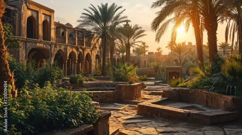 Evoke the magic of an Ancient Arabian desert oasis landscape at sunset, with palm groves, ancient wells, and traditional architecture bathed in warm tones