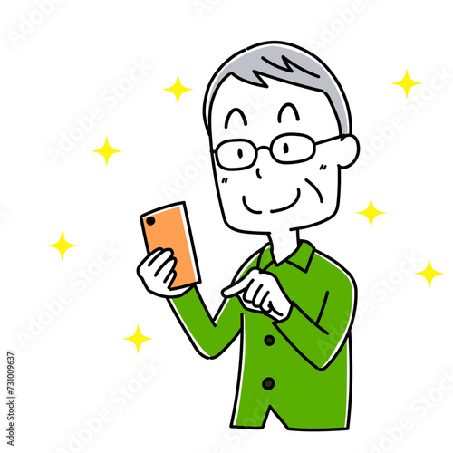 スマホを持った高齢男性のポーズ3