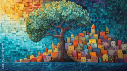 Stained glass window background with colorful city abstract.